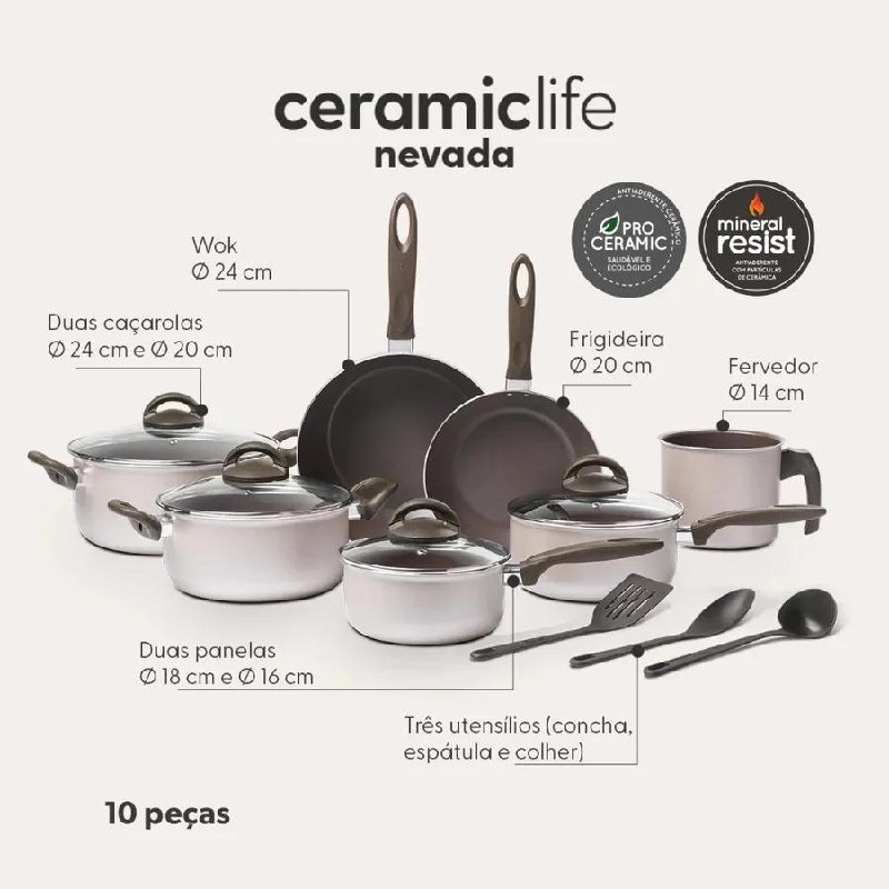 Jogo De Panelas Brinox Ceramic Life 10 Peças Nevada