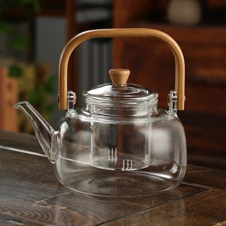 Chaleira de Vidro Borossilicato com Alça de Bambu 1L
