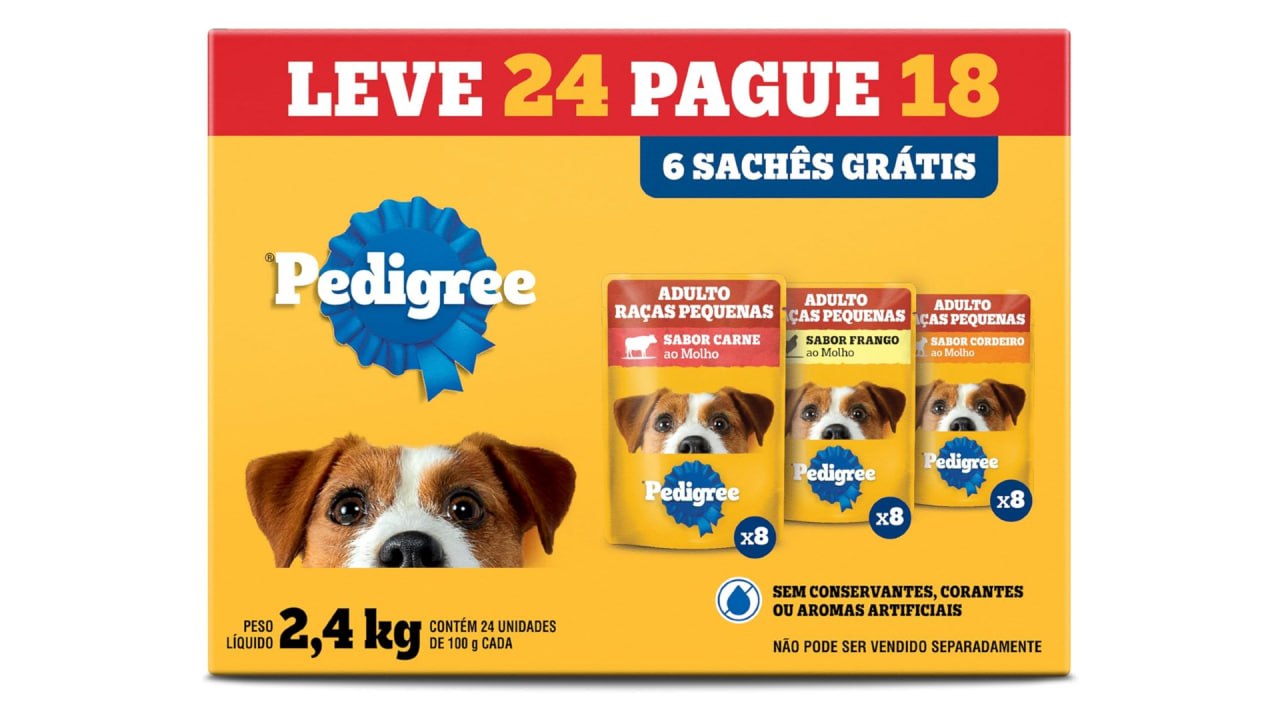 Pack 24 Sachês Ração Úmida Pedigree Carne/Frango/Cordeiro 100g