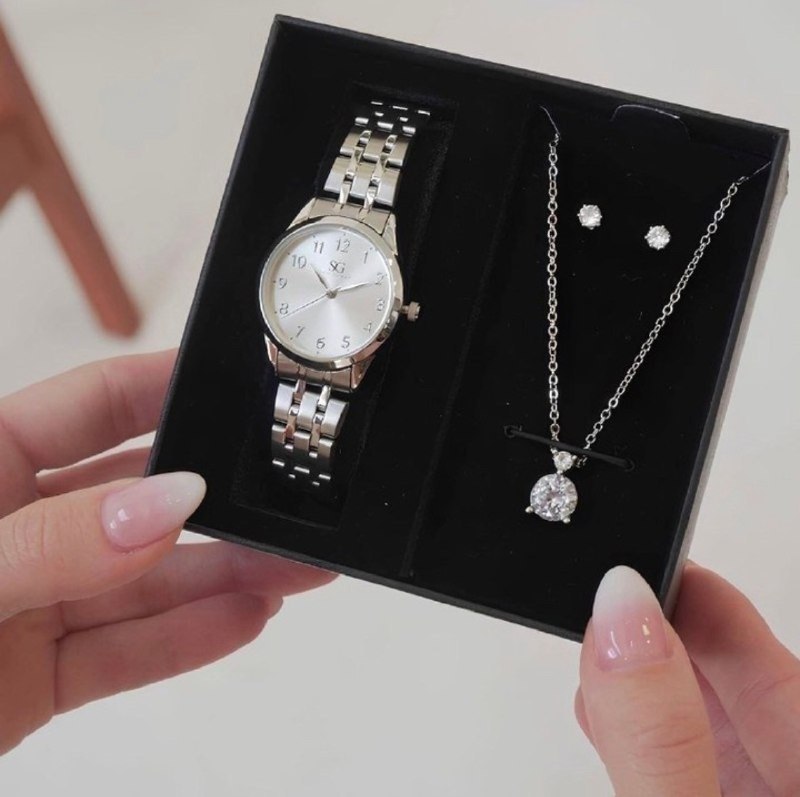 Kit Relógio Colar E Brincos Ponto De Luz Feminino Luxo Silver