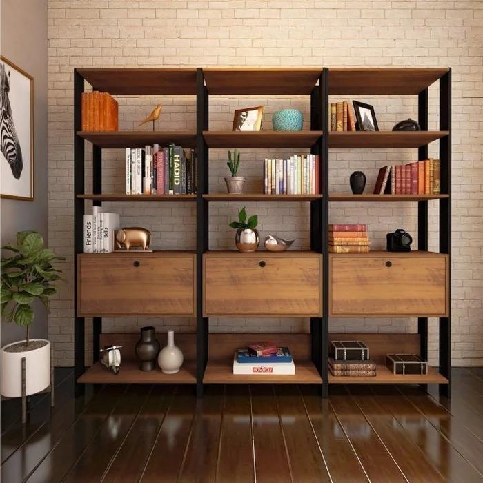 Estante Elegante 3 Torres com Gaveteiro Freijo e Preto Fosco 2,16m