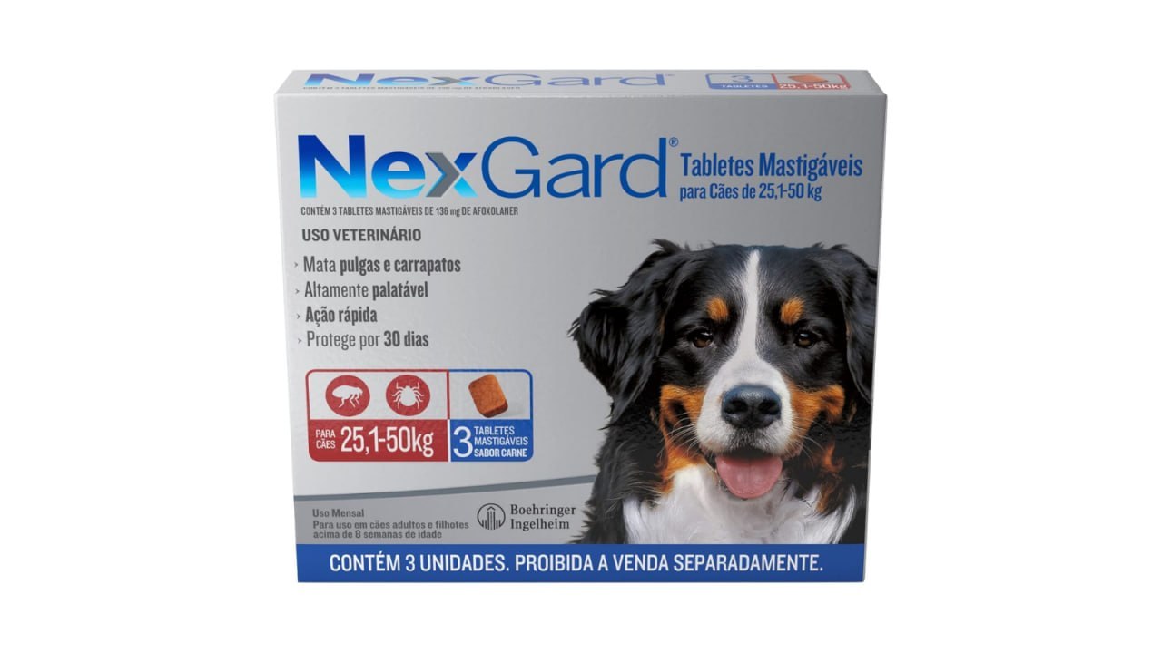 NexGard Antipulgas e Carrapatos para Cães 25,1 a 50kg com 3 Tabletes