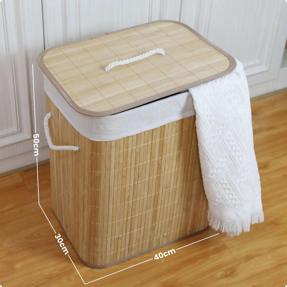 Cesto de Roupa Suja de Bambu com Tampa e Alças 50 Litros