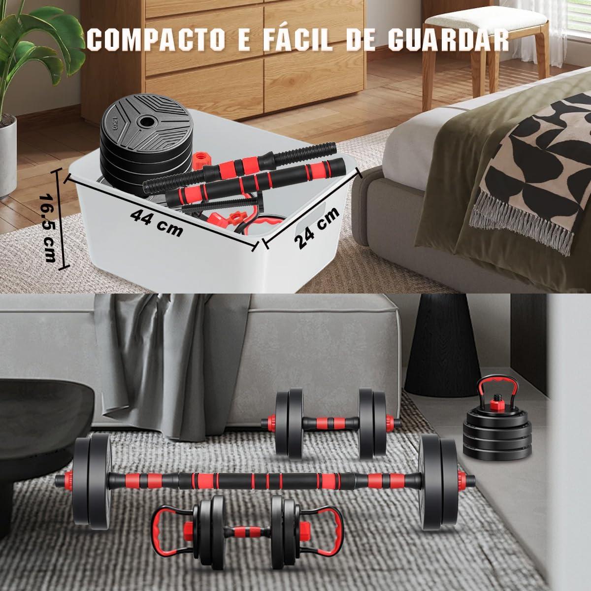 Kit Haltere 6 em 1 Ajustável 15kg Preto - Barra e Kettlebell