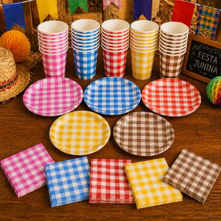 Kit Prato Copo Guardanapo Estampa Xadrez Festa Junina 30 Peças