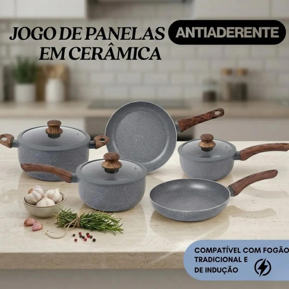 Jogo de Panelas Cerâmica Antiaderente 5 Peças Indução