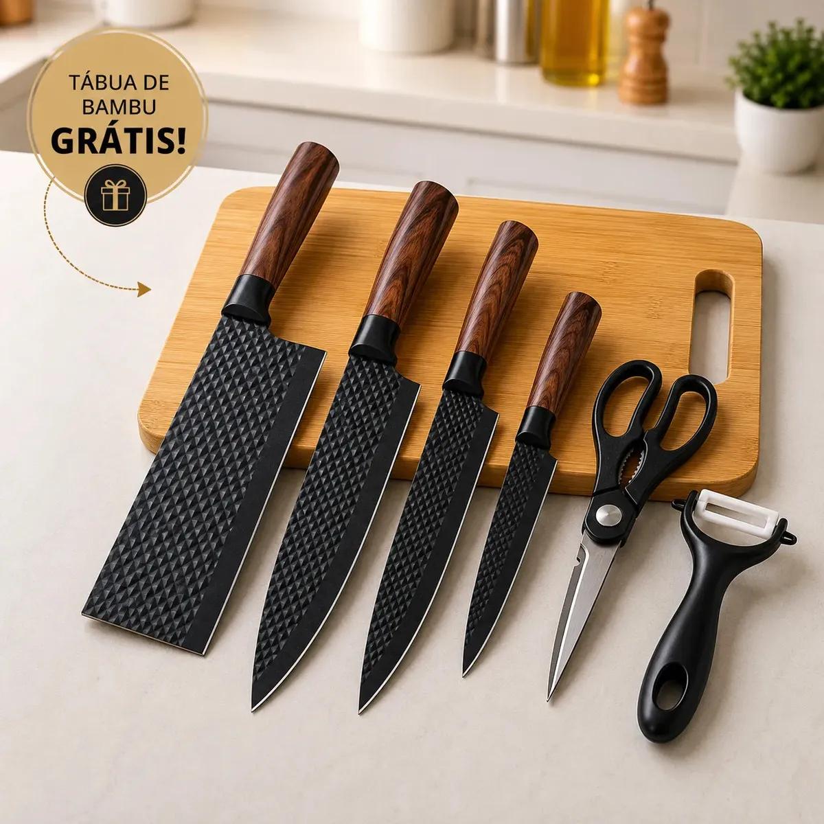 Jogo de Facas 6 Peças Inox Preto Amadeirado + Tábua Brinde