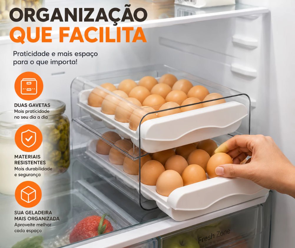 Porta Ovos Gaveteiro Organizador Acrílico para Geladeira