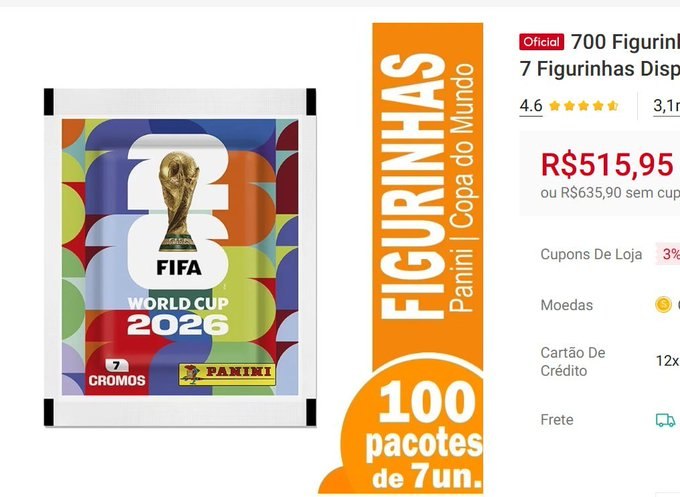 700 Figurinhas Panini Copa do Mundo 2026 - 100 Envelopes