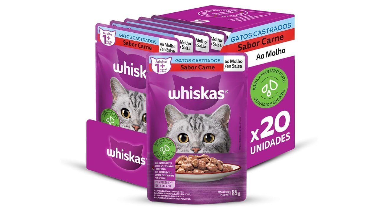 Pack 20 Sachês Whiskas Carne ao Molho Gatos Adultos Castrados 85g