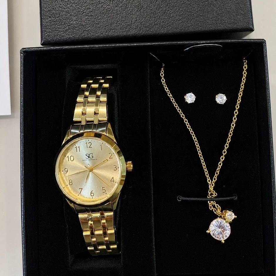 Kit Relógio Colar E Brincos Ponto De Luz Dourado Feminino