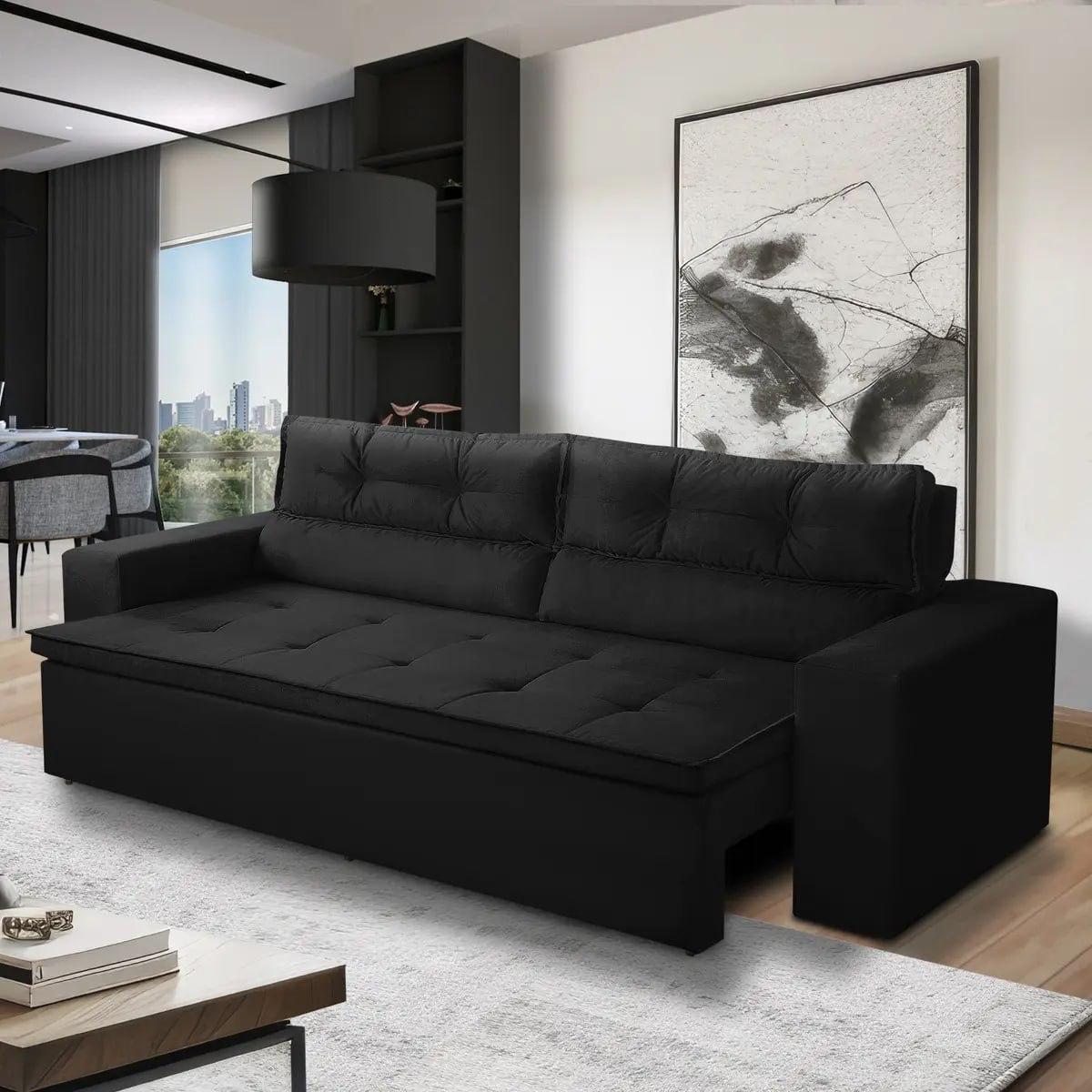 Sofá Retrátil Reclinável 3 Lugares Vegas Suede Preto 1,80m