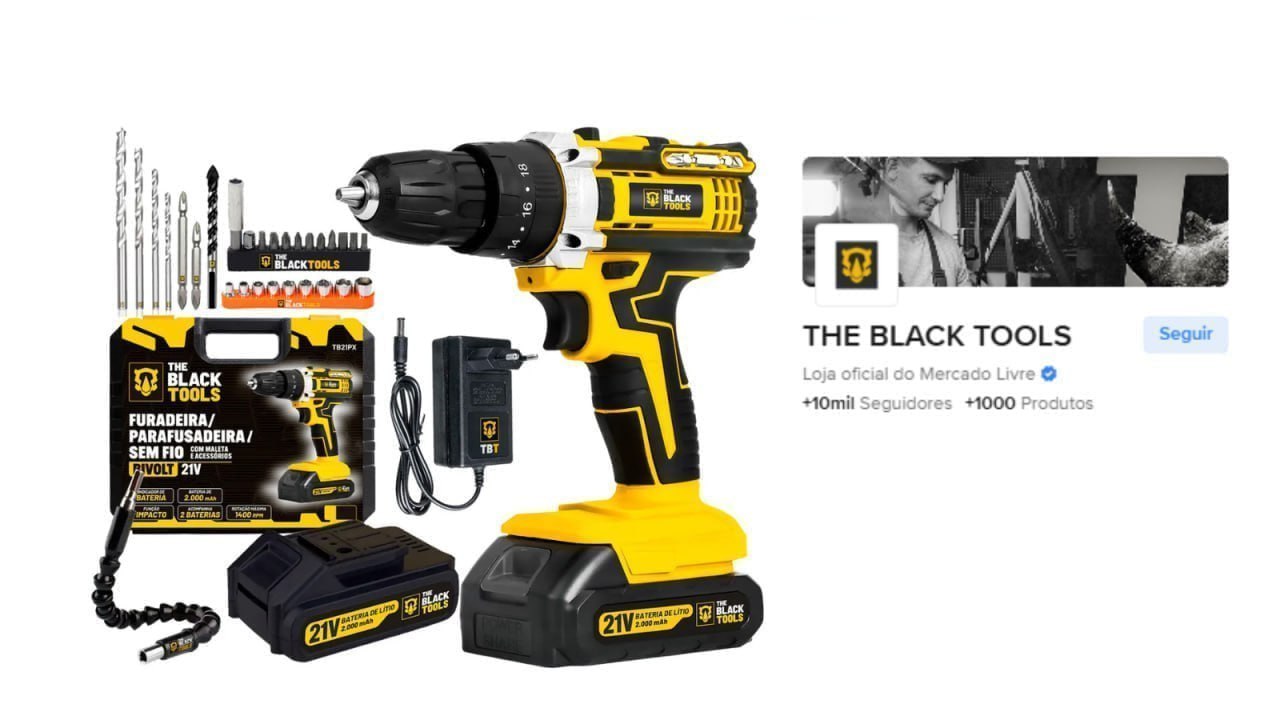 Parafusadeira e Furadeira de Impacto Black Tools 21V com 2 Baterias e Maleta