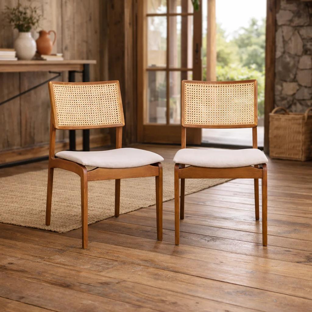 Kit 2 Cadeiras Madeira Maciça Rattan para Sala de Jantar