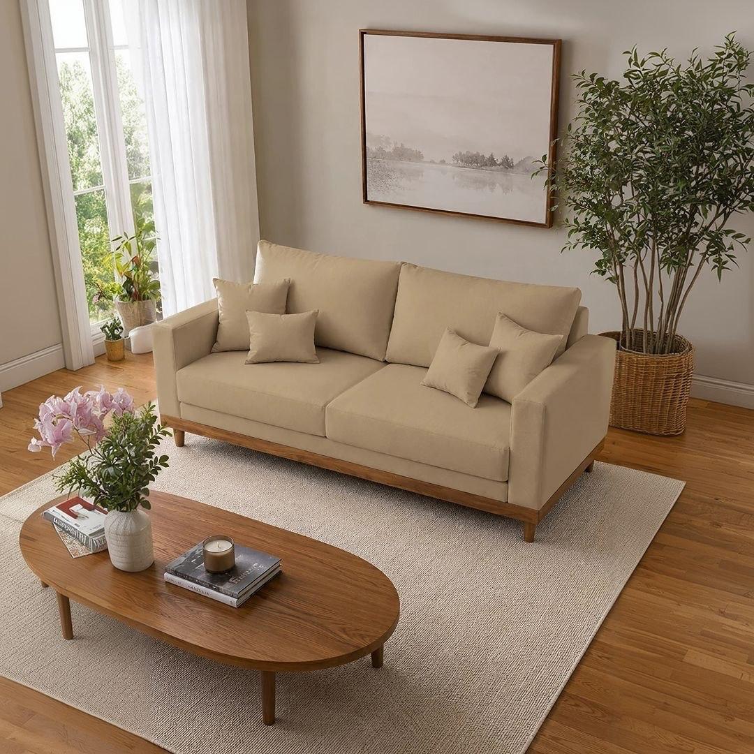 Sofá Living 2 Lugares Suede e Madeira com Almofadas