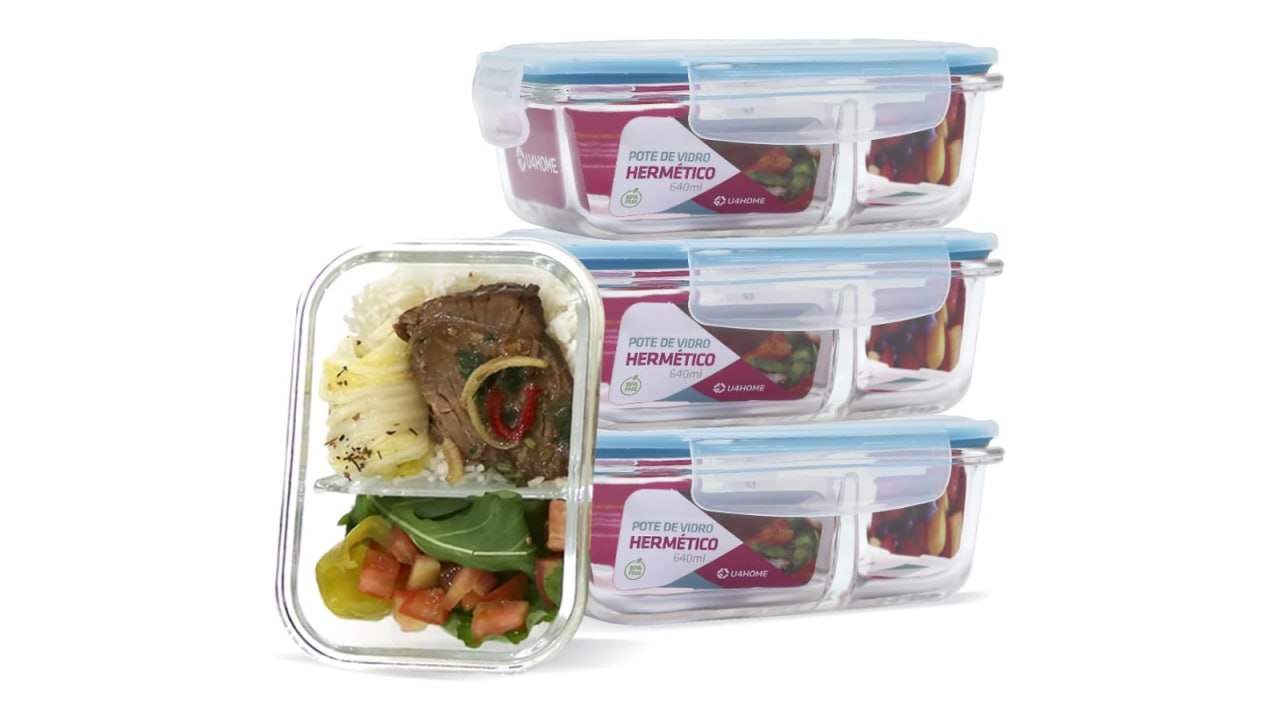 Kit 4 Potes Herméticos de Vidro 640ml com Divisória