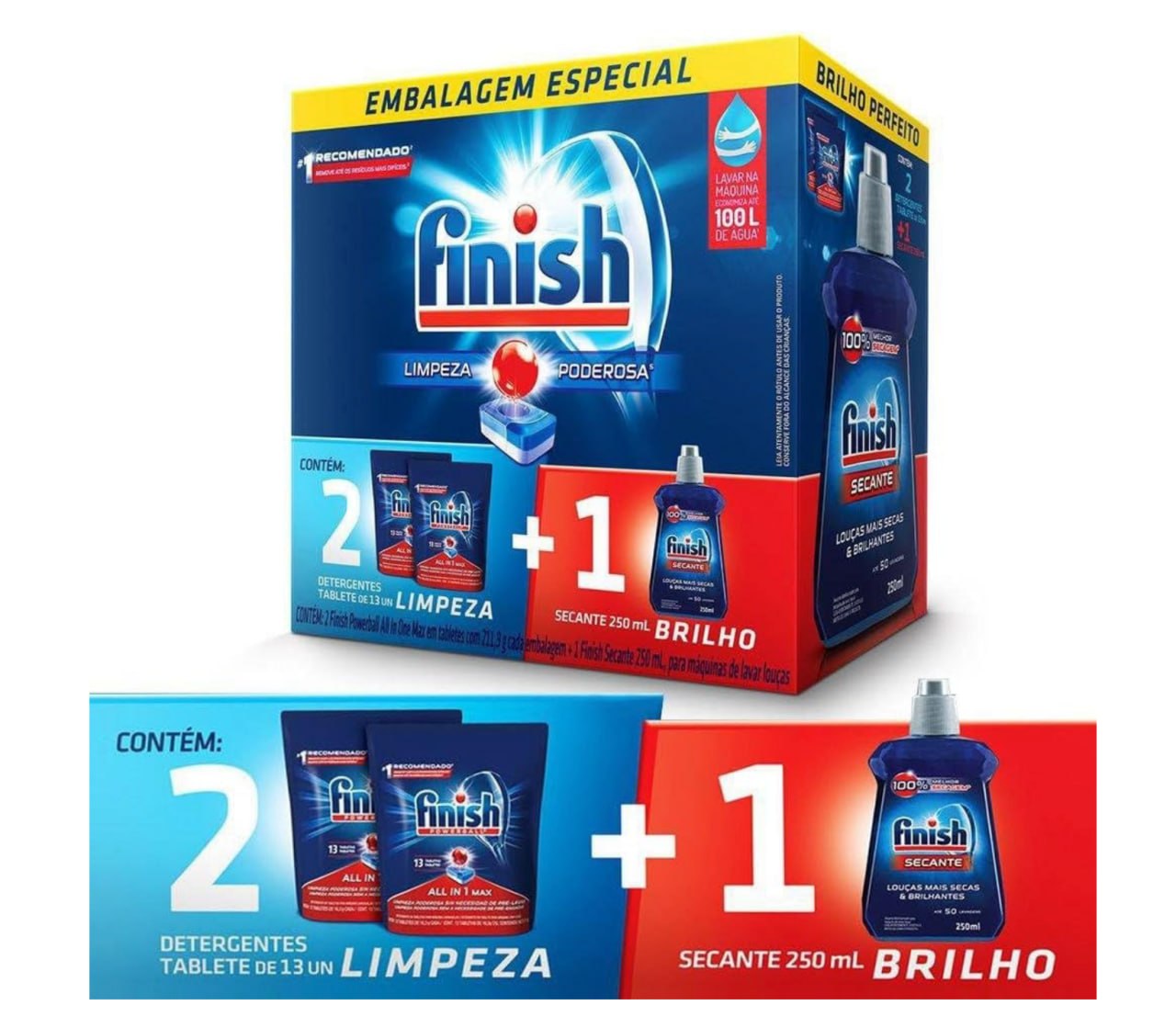 Detergentes Finish Powerball 13 tabs Kit 2 + Secante 250ml
