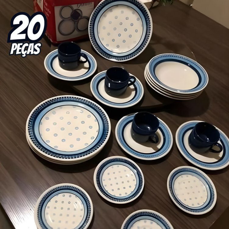 Jogo de Jantar e Chá 20 Peças Biona Cerâmica Branco e Azul