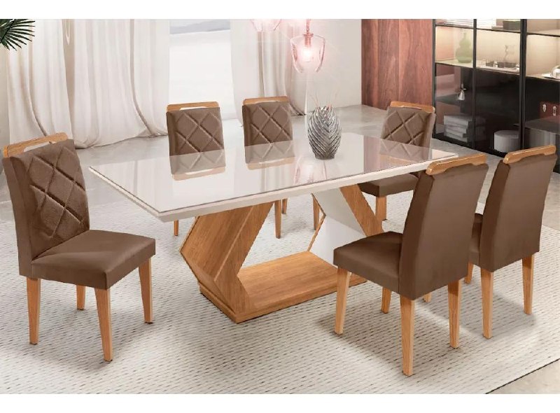 Mesa Alvorada 180cm MDF Vidro com 6 Cadeiras Rufato