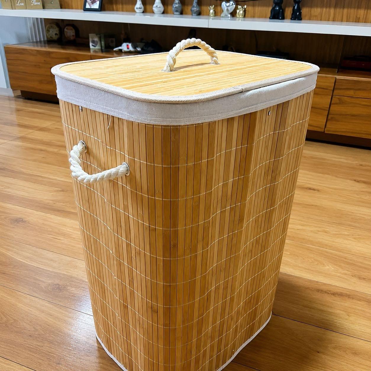 Cesto Organizador de Roupa Bambu Dobrável 72L com Tampa