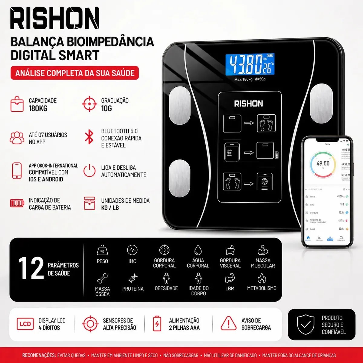 Balança Bioimpedância Digital 180kg Smart IMC Rishon