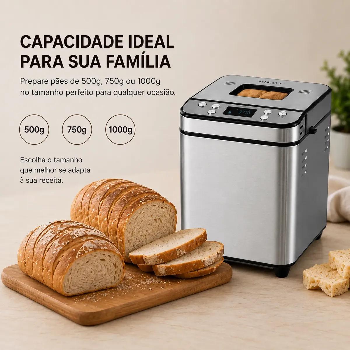 Máquina de Pão Automática SOKANY 12 Programas 1kg Inox