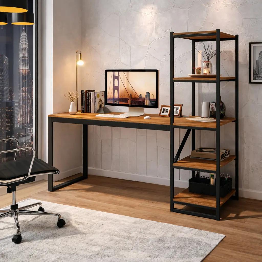 Escrivaninha Estudo Slim Industrial Canela 130cm com 5 Prateleiras