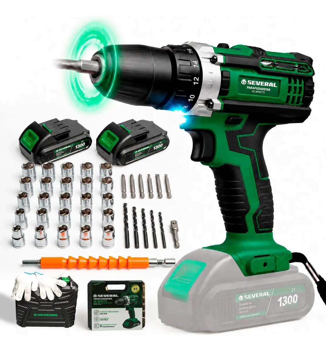 Parafusadeira Furadeira 21V 1300mAh com 2 Baterias e Maleta