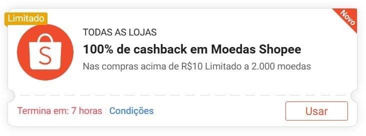 Cupom 100% Cashback Shopee - até R$20