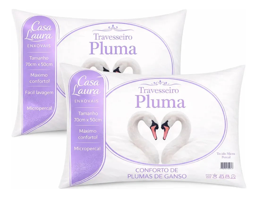 Kit 2 Travesseiros Antialérgico Pluma de Ganso 70cm x 50cm