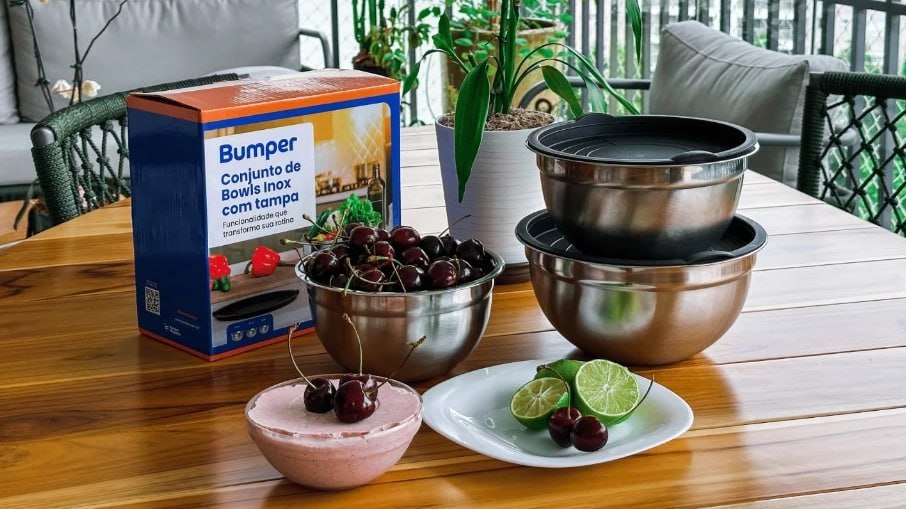 Conjunto 3 Bowls Tigelas Inox com Tampa Bumper