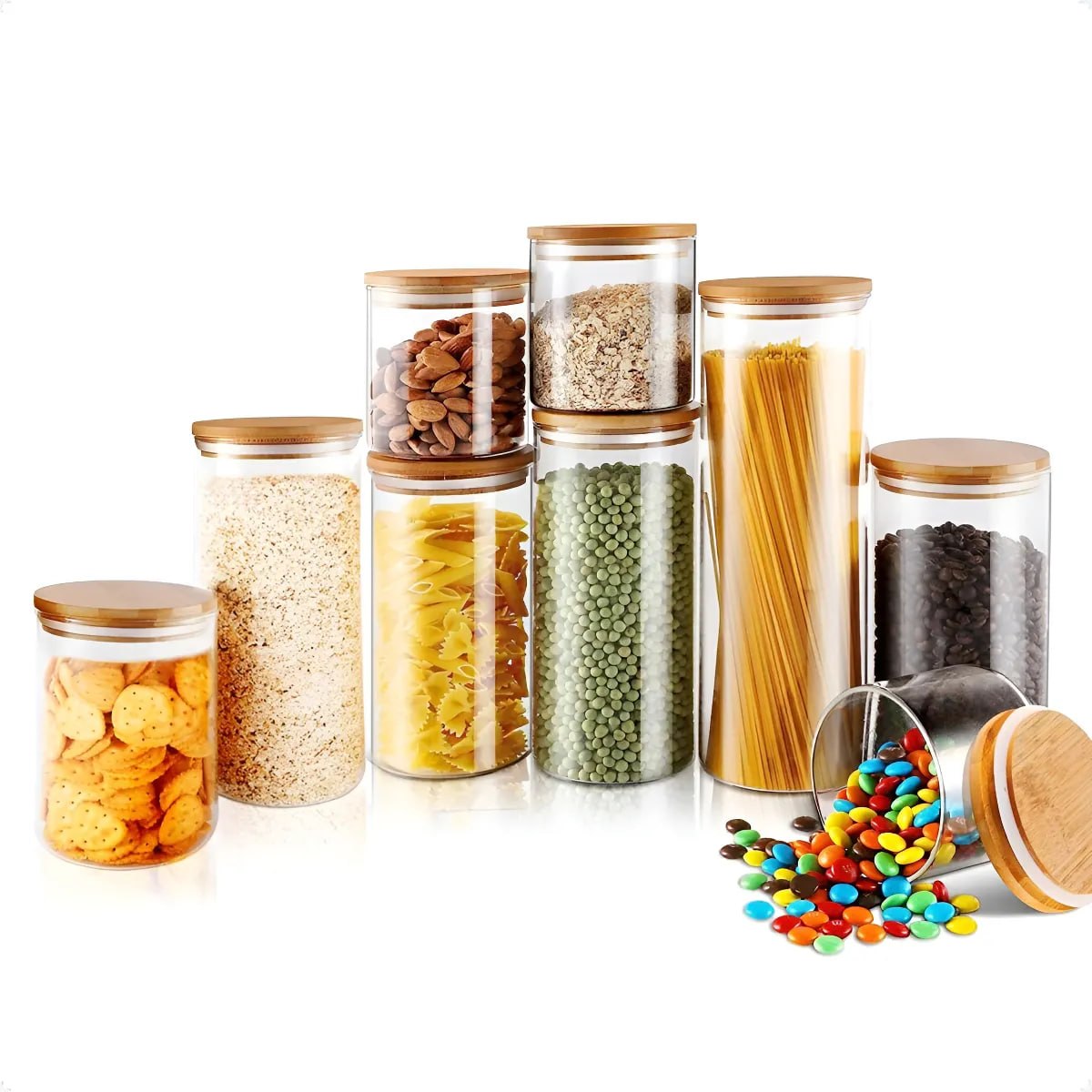 Kit 9 Potes Vidro Herméticos com Tampa Bambu