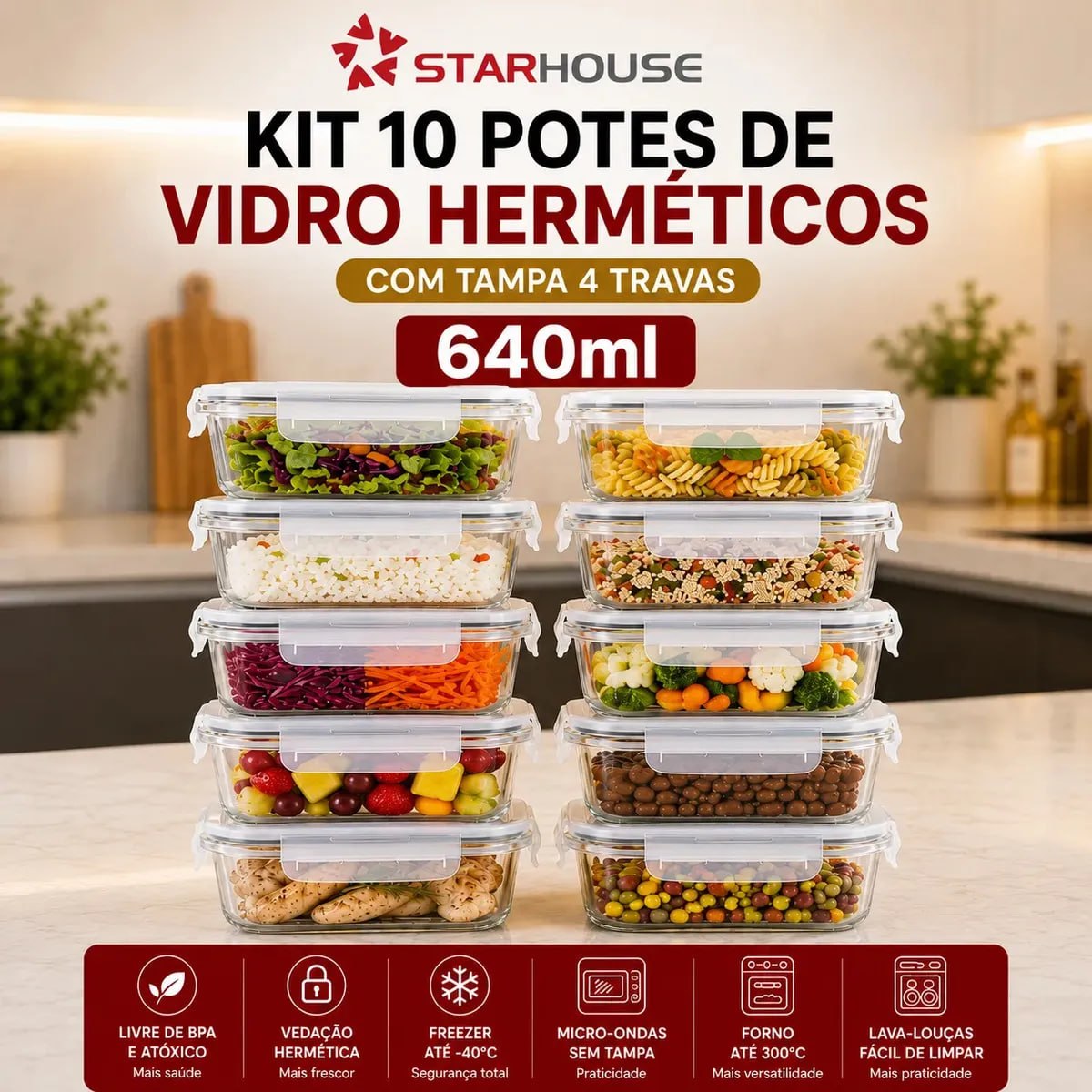 Kit 10 Potes Herméticos Vidro 640ml