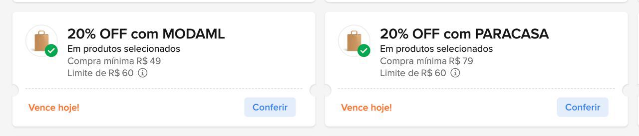 Cupons Mercado Livre - Moda e Casa até 20% OFF