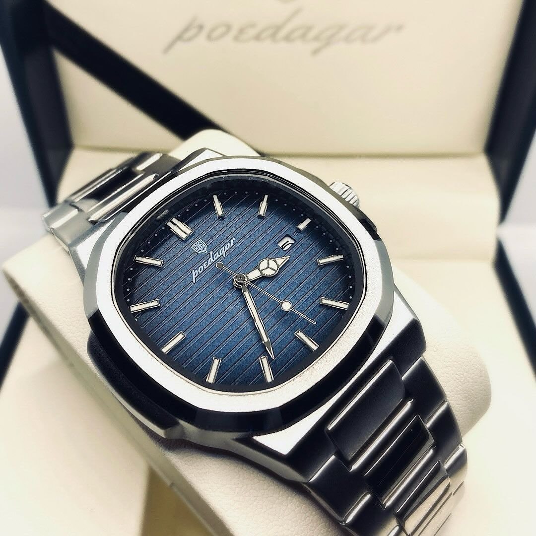 Relógio Masculino Poedagar 613 Luxo Fundo Azul Correia Prateada