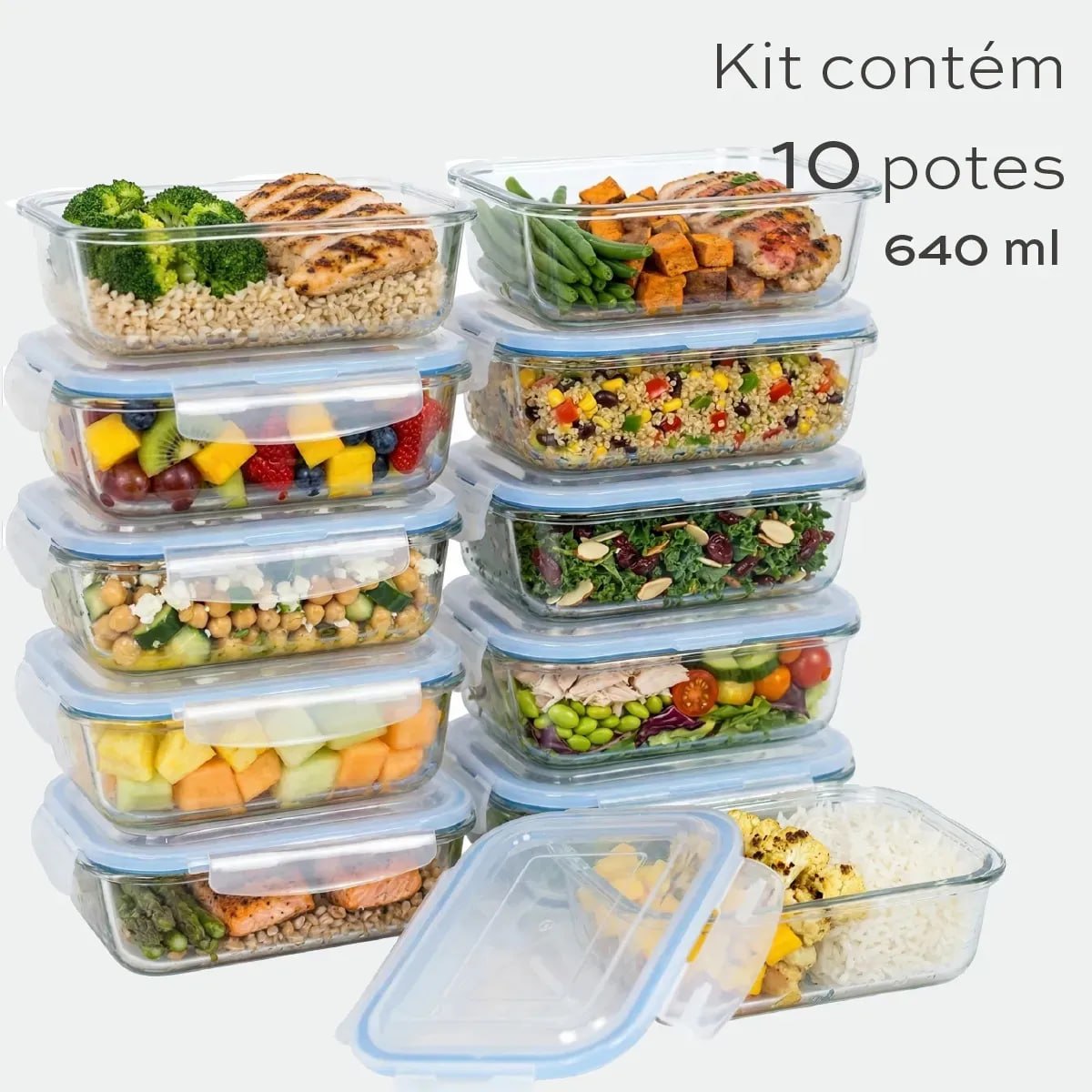 Kit 10 Potes de Vidro Hermético Marmita 640ml