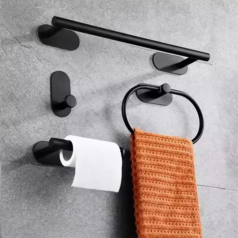 Kit Porta-toalhas Autoadesivo 4 Peças Aço Inoxidável Preto