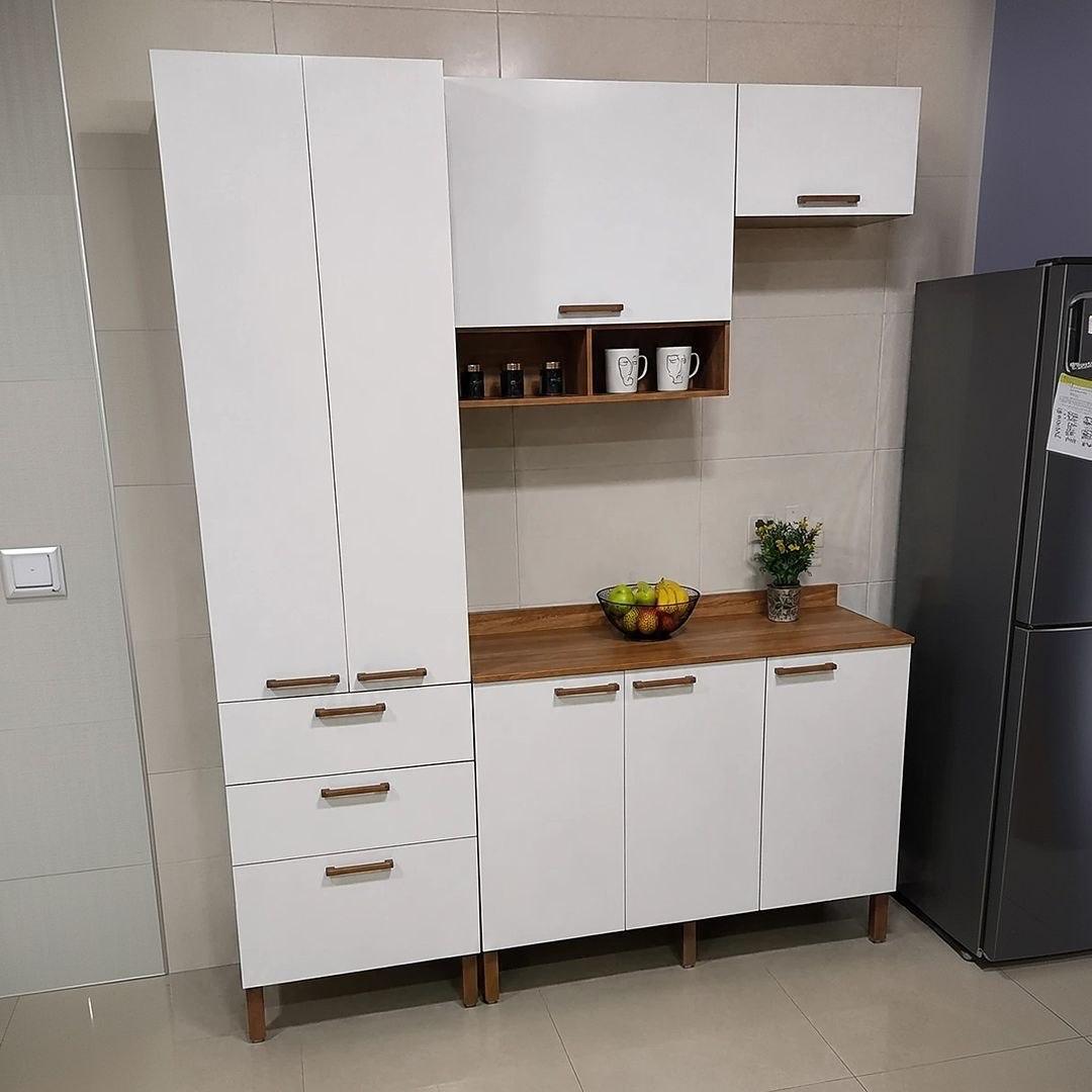 Cozinha Compacta Bartira Veneza 7 Portas 3 Gavetas Damasco/Branco Fosco