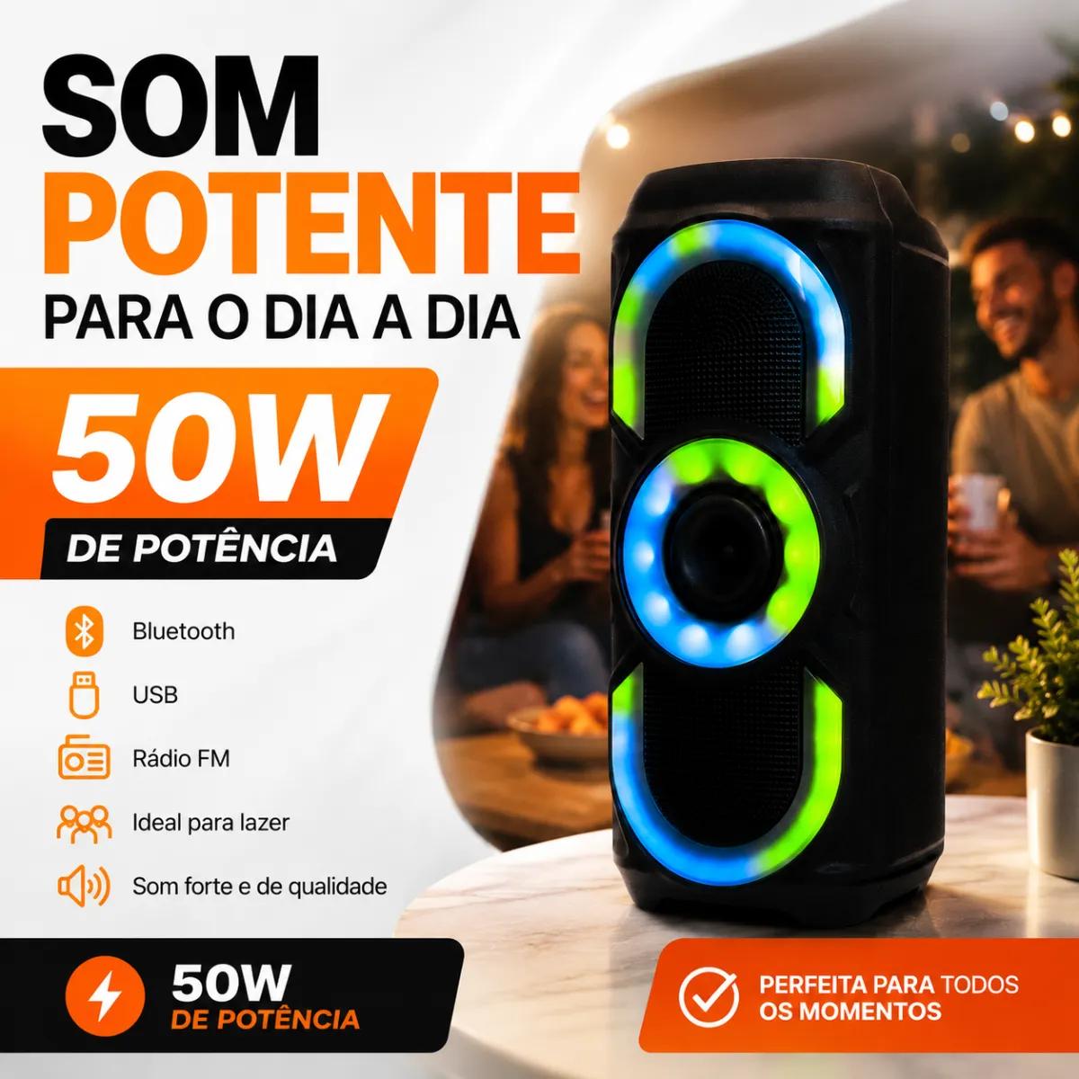 Caixa de Som Bluetooth 50W RGB TWS USB Portátil