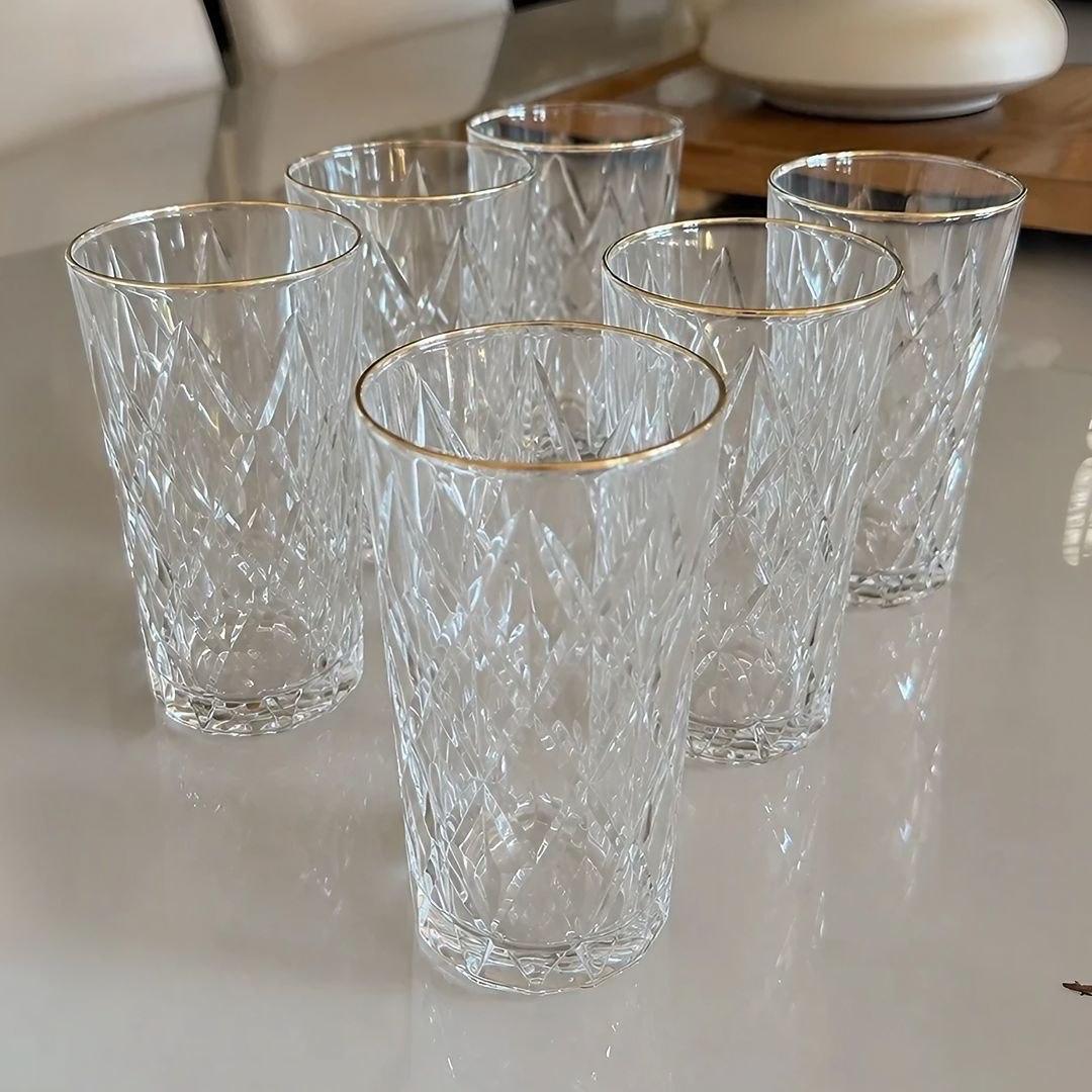 Jogo 6 Copos Altos Vidro 350ml Diamond Clear Borda Dourada