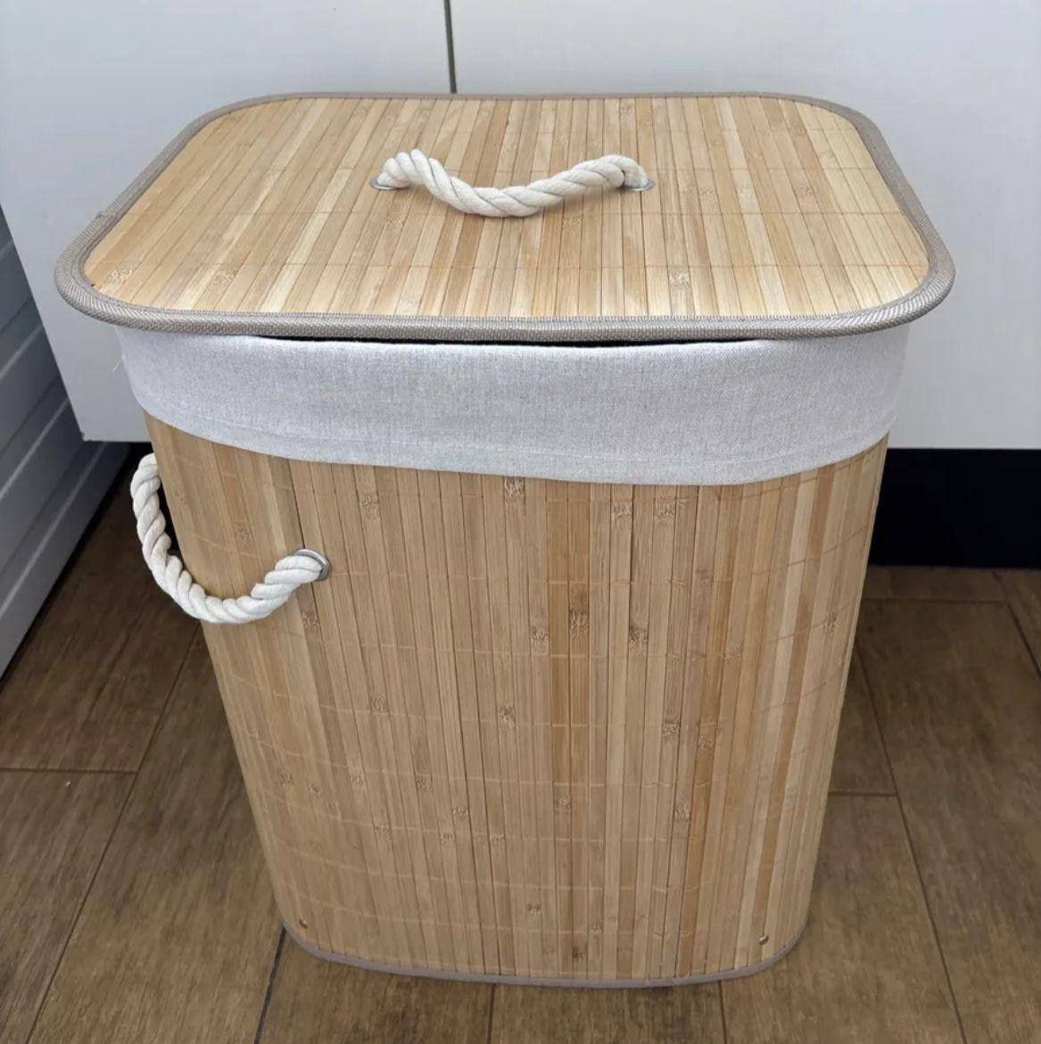 Cesto de Roupa Suja Bambu com Tampa e Alças 50L