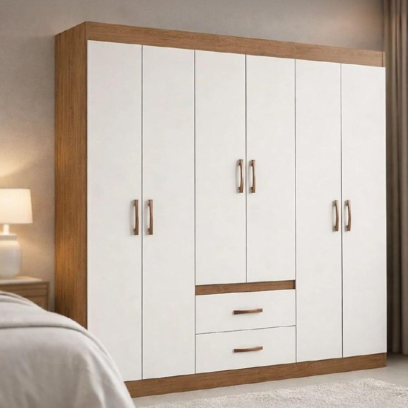 Guarda-roupa Solteiro 6 Portas 2 Gavetas Sidney Doripel Off White/Nogueira