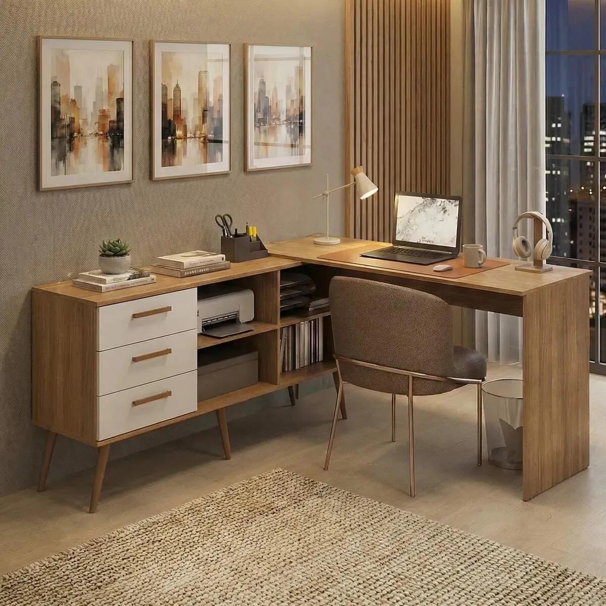 Mesa de Escritório em L com 3 Gavetas Porto Multimóveis MP6044