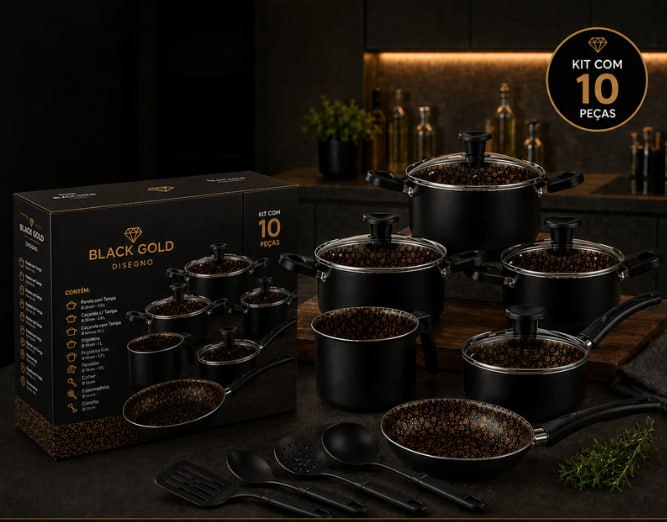 Jogo De Panelas Ditália Black Gold Antiaderente 10 Peças