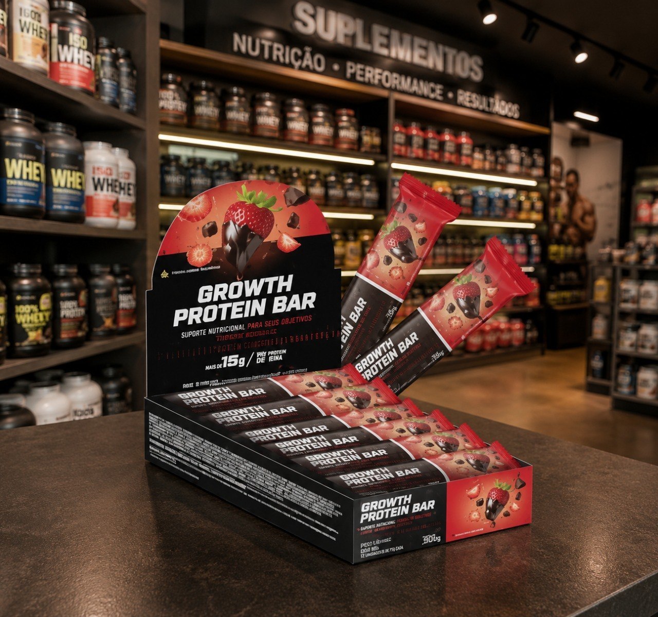 Barra de Proteína Growth Supplements Morango com Chocolate - Caixa 12un