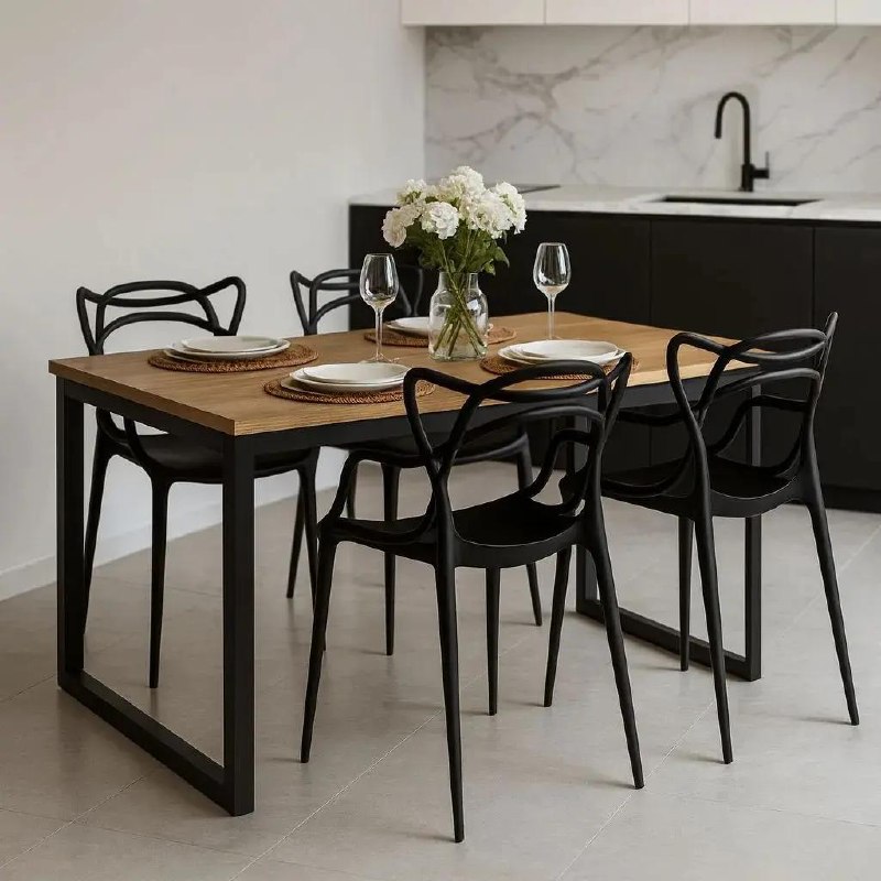 Mesa de Jantar 120x80 com Pé de Ferro e 4 Cadeiras