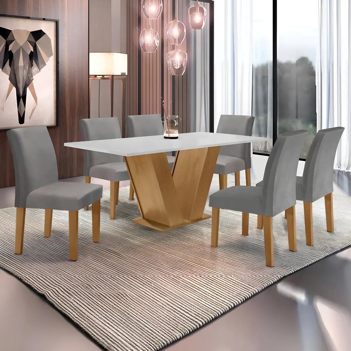 Conjunto Sala de Jantar Mesa 160x80cm 6 Cadeiras Tampo MDF