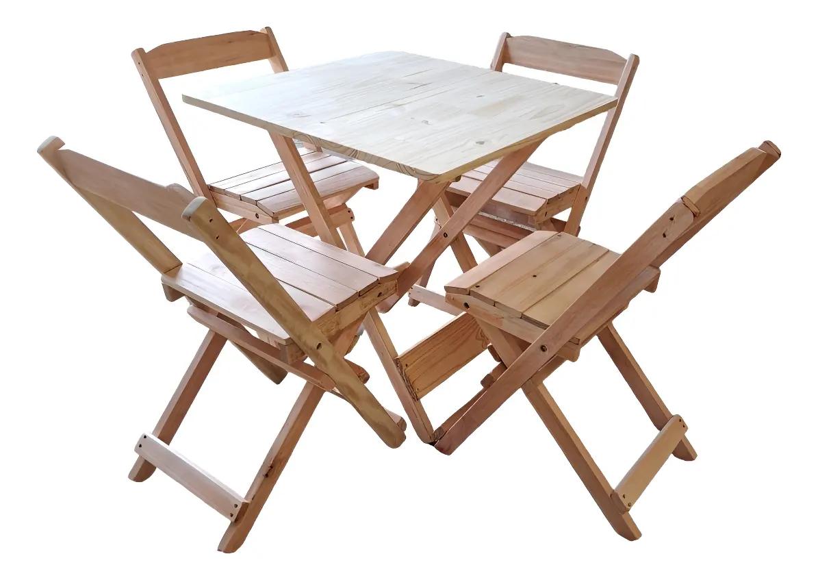 Jogo de Mesa Dobrável Bistro 70x70 com 4 Cadeiras Madeira Maciça