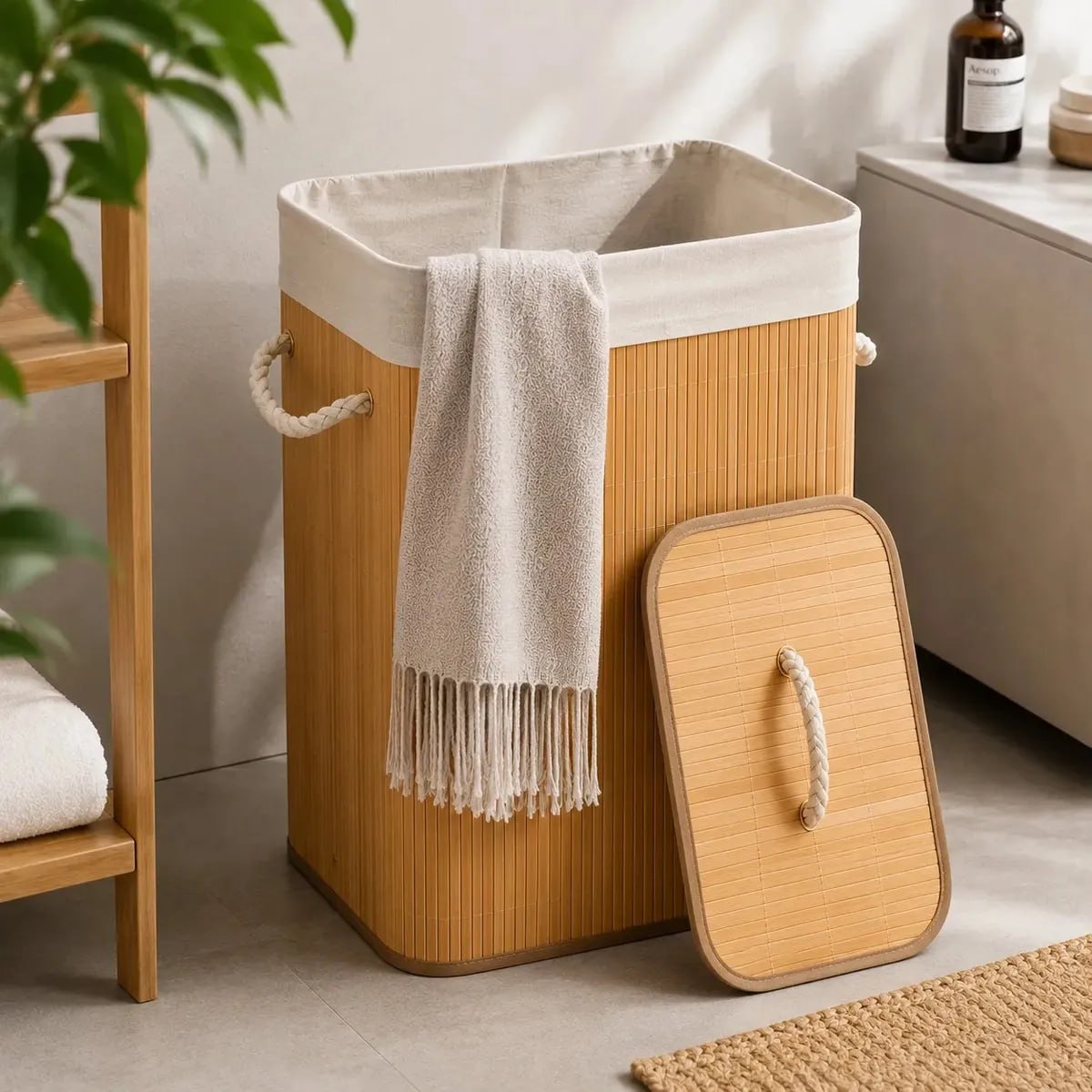 Cesto Roupa Bambu Retangular Dobrável Com Tampa Alças 60L