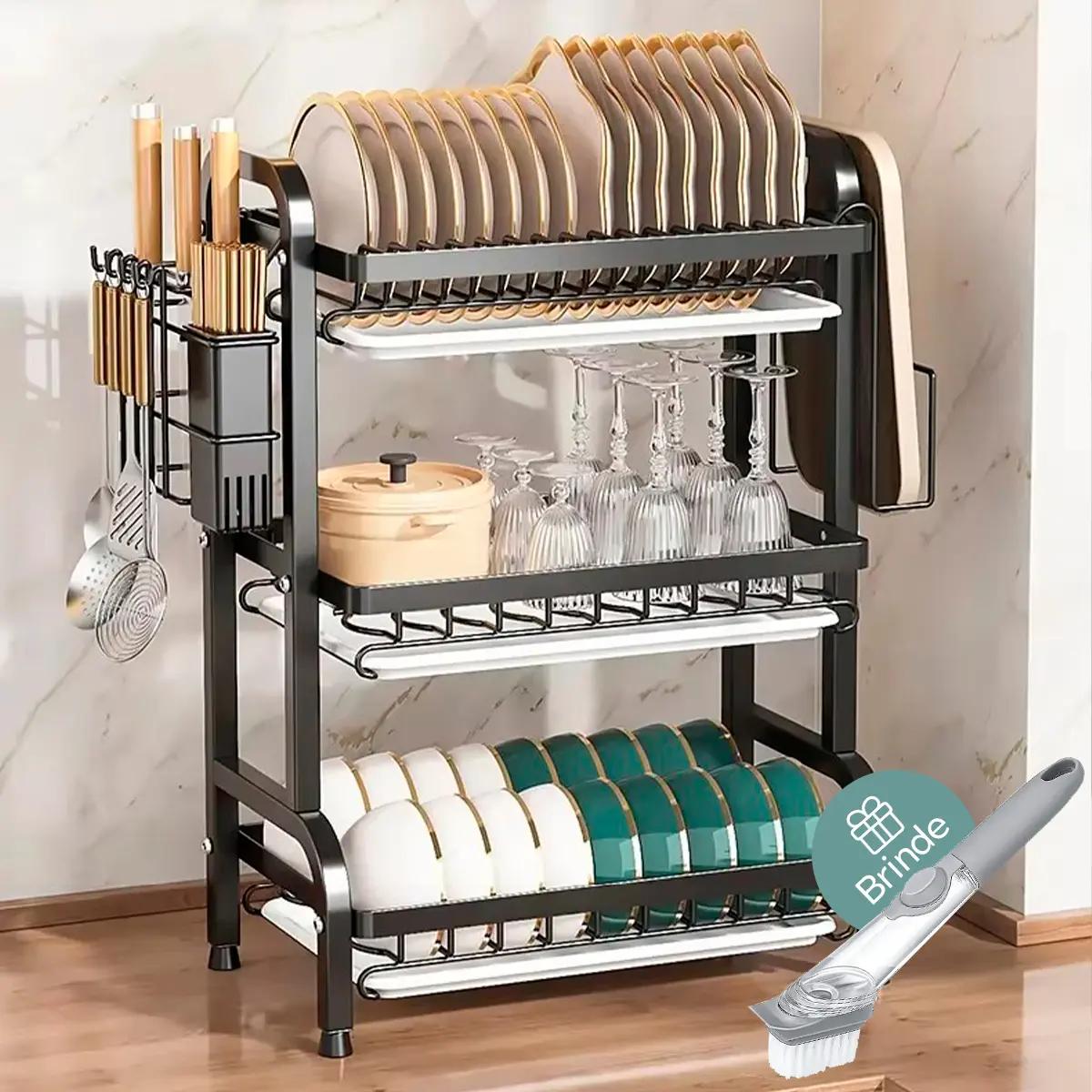 Escorredor de Louça Inox 3 Andares com Organizador Preto